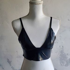 Black Faux Leather Long Line Bralette